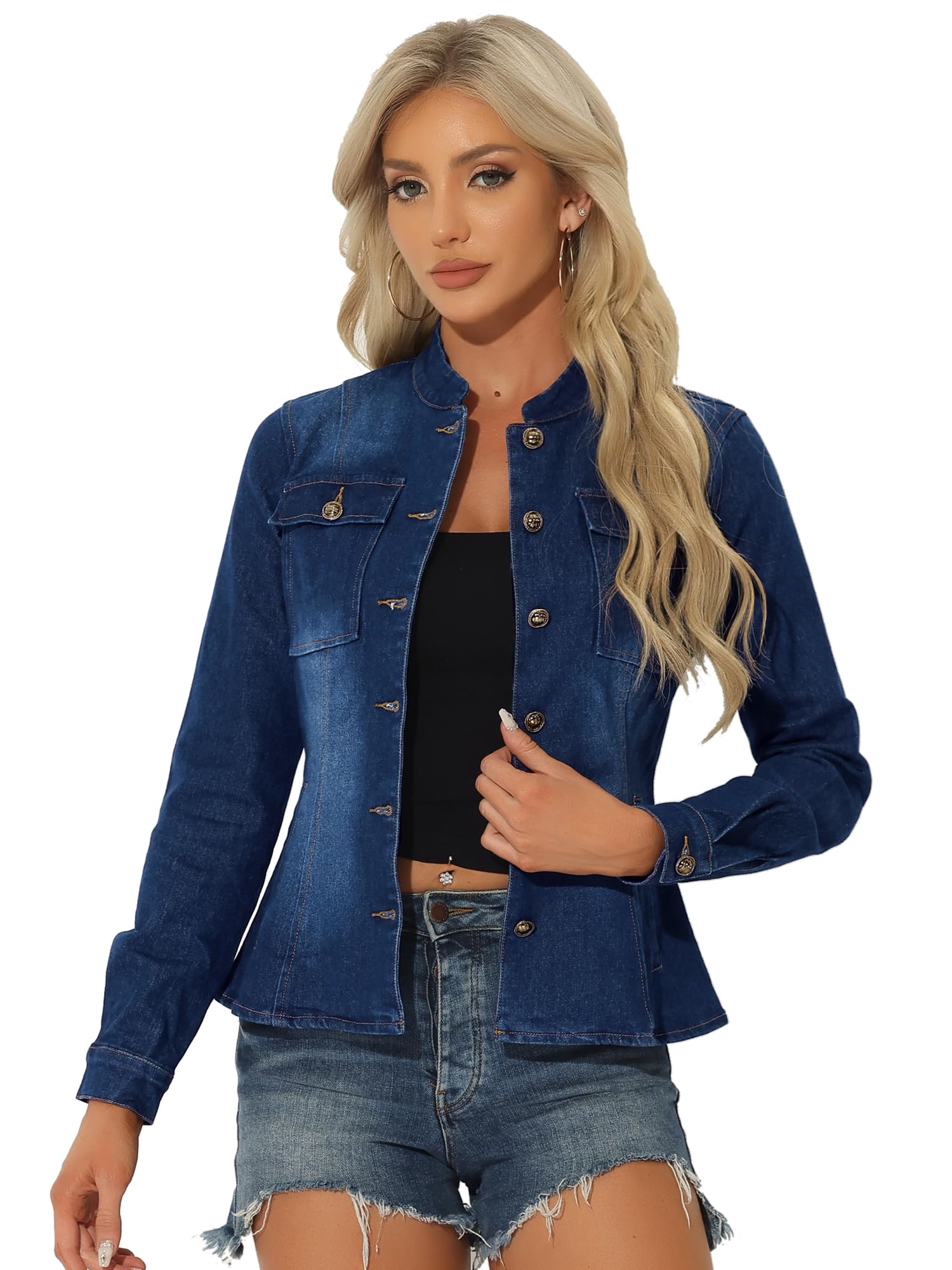 Allegra K Denim Jacket Womens Classic Stand Collar Long Sleeve Jean Jackets