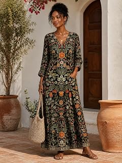 Women's V Neck Long Sleeve Casual Loose Fit Vintage Print Maxi Dress Long Dress with Pockets