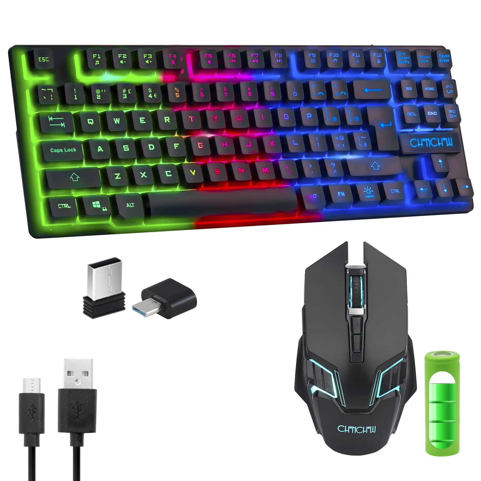 Gaming Wireless TKL Keyboard Mouse Rechargeable CHONCHOW G112 | LED Backlit Tenk