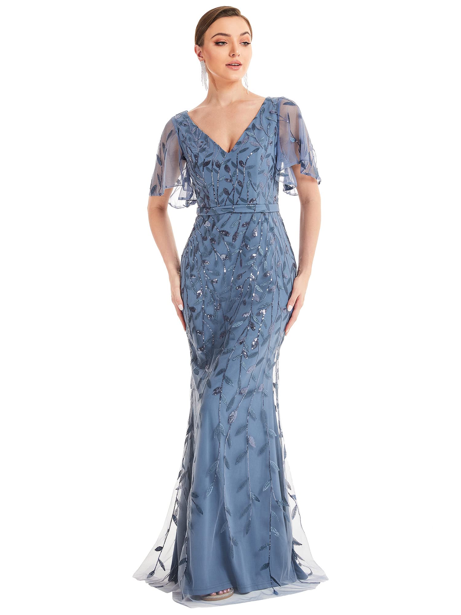 Ever-Pretty 00692 Women's V-Neck Ruffle Short Sleeves Sequins Maxi Mermaid Eveni