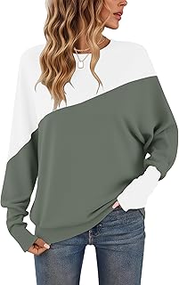 WNEEDU Color Block Long Sleeve Tops Women Crew Neck Patchwork Bawting Top | Loose Fit Autumn Tshirt Casual Cuffs Sleeve Sweatshirt Basic jumper with leggings jeans