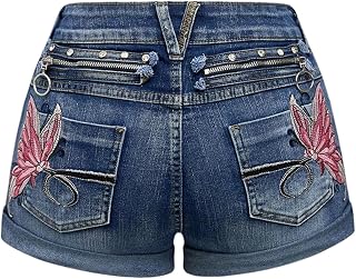 SOLY HUX Women's Y2k Butterfly Embroidery Distressed Low Rise Denim Shorts