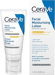 CeraVe AM Facial Moisturising Lotion SPF50 With 3 Essential Ceramides, Vitamin E, Niacinamide, MVE Technology, UVA UVB Protection, For Normal to Dry Skin, Lightweight, Non-Greasy, Allergy Tested, 52ml