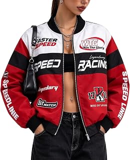 Womens Racing Jacket Color Block Vintage Zip Up Race Car Bomber Jackets | Fashion Racing Jacket Loose Vintage Zip Up Race Car Driver Bomber Y2k Jackets Streetwear Racer Jacket Sweatshirt