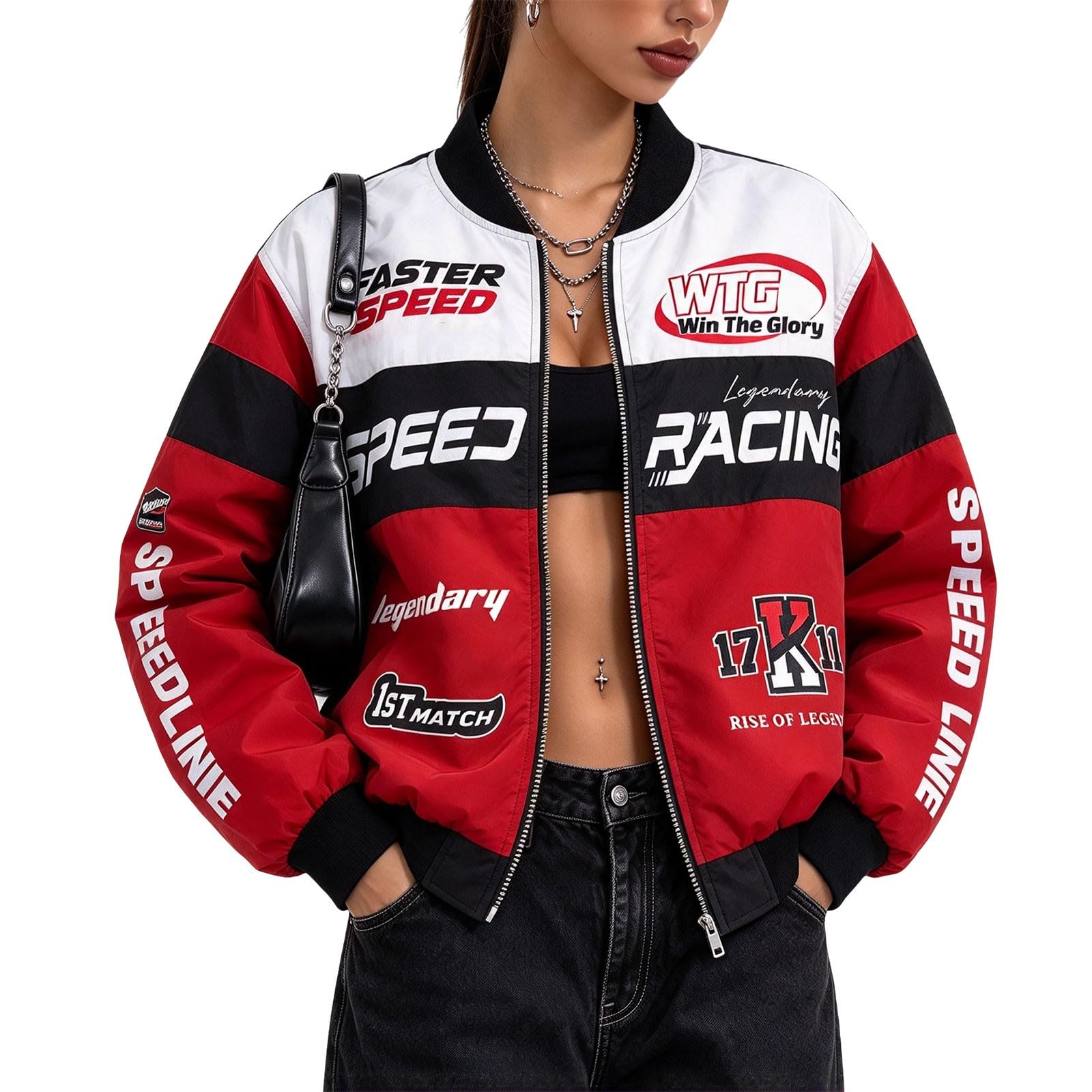 Womens Racing Jacket Color Block Vintage Zip Up Race Car Bomber Jackets | Fashio