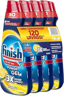Finish Powergel Liquid Dishwasher Detergent, Multiaction, Degreasing Powers, Lemon Scrubber Gel, 120 Washes, 4 Packs of 30 Washes