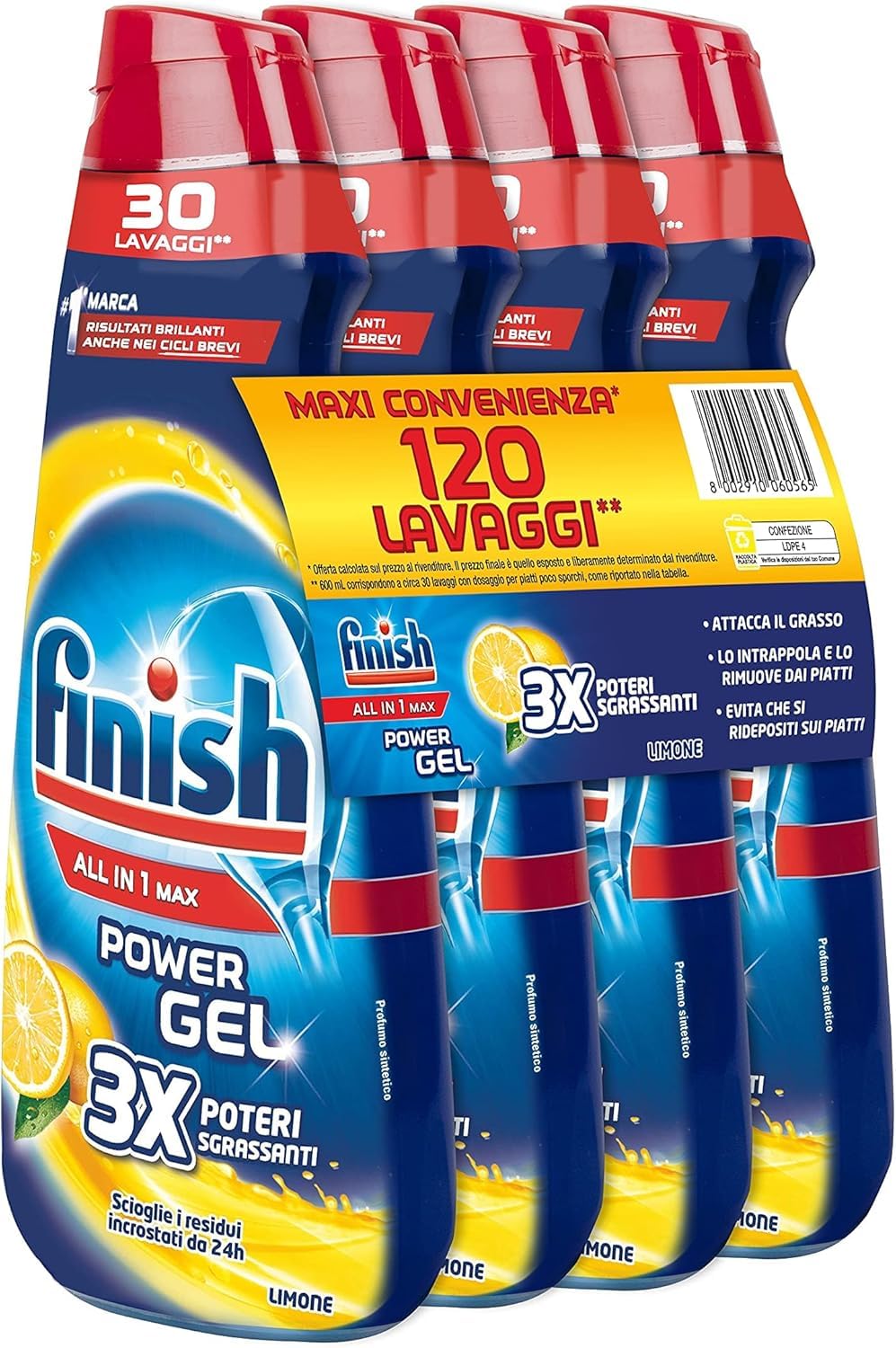 Finish Powergel Liquid Dishwasher Detergent, Multiaction, Degreasing Powers, Lem