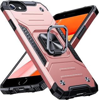 Anqrp Heavy Duty Case for iPhone 6/7/8/SE/SE2 Case with Enhanced Ring Holder Grip Stand, Military Grade Shockproof Rugged Drop Protective Silicone Hard Slim iPhone SE Phone Case Cover,Pink Gold