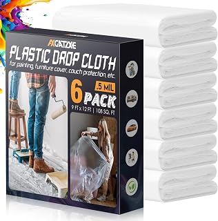 Axgatoxe 12 x 9 Ft Plastic Drop Cloths for Painting (6-Pack) | Plastic Painter's Sheeting & Tarps for Painting Supplies, Waterproof & Dust-proof Furniture/Couch/Floor Protection Cover