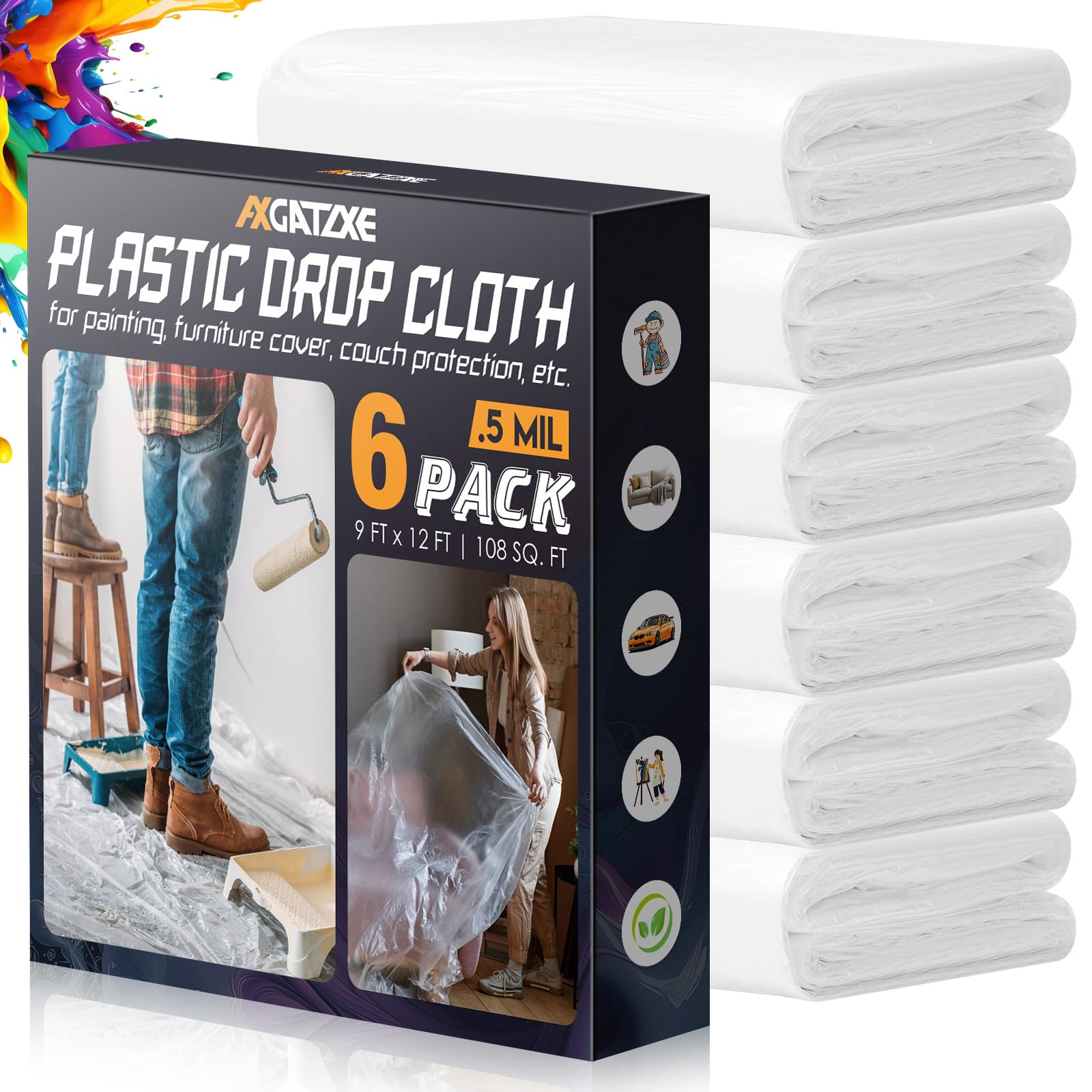 Axgatoxe 12 x 9 Ft Plastic Drop Cloths for Painting (6-Pack) | Plastic Painter's