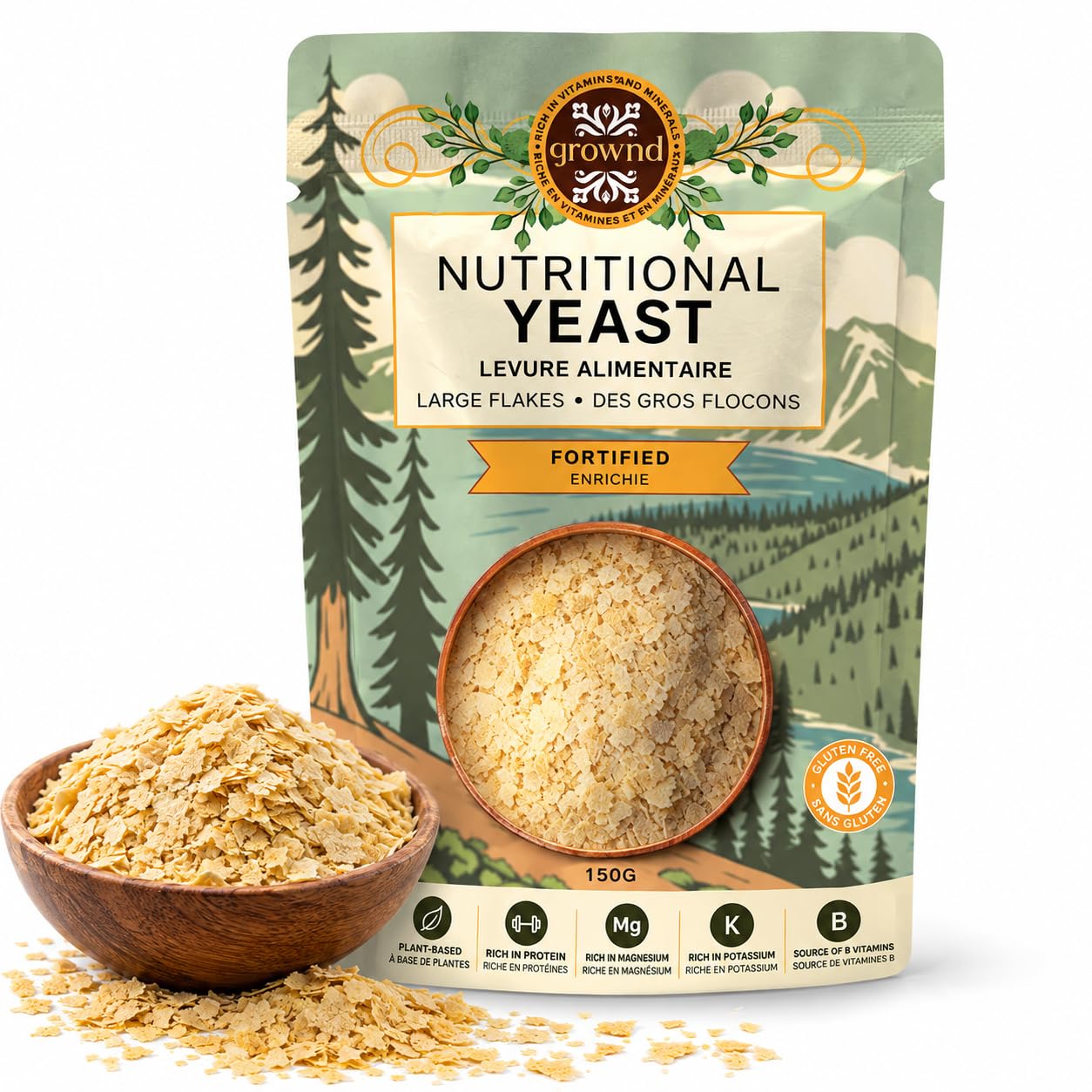 Grownd Fortified Nutritional Yeast Flakes, Gluten-Free Seasoning - 150g | Savory
