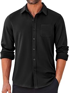 COOFANDY Camisa de Manga Larga para Hombre, sin Arrugas, Casual, con Botones, elástica, con Bolsillo, Negro -, Small