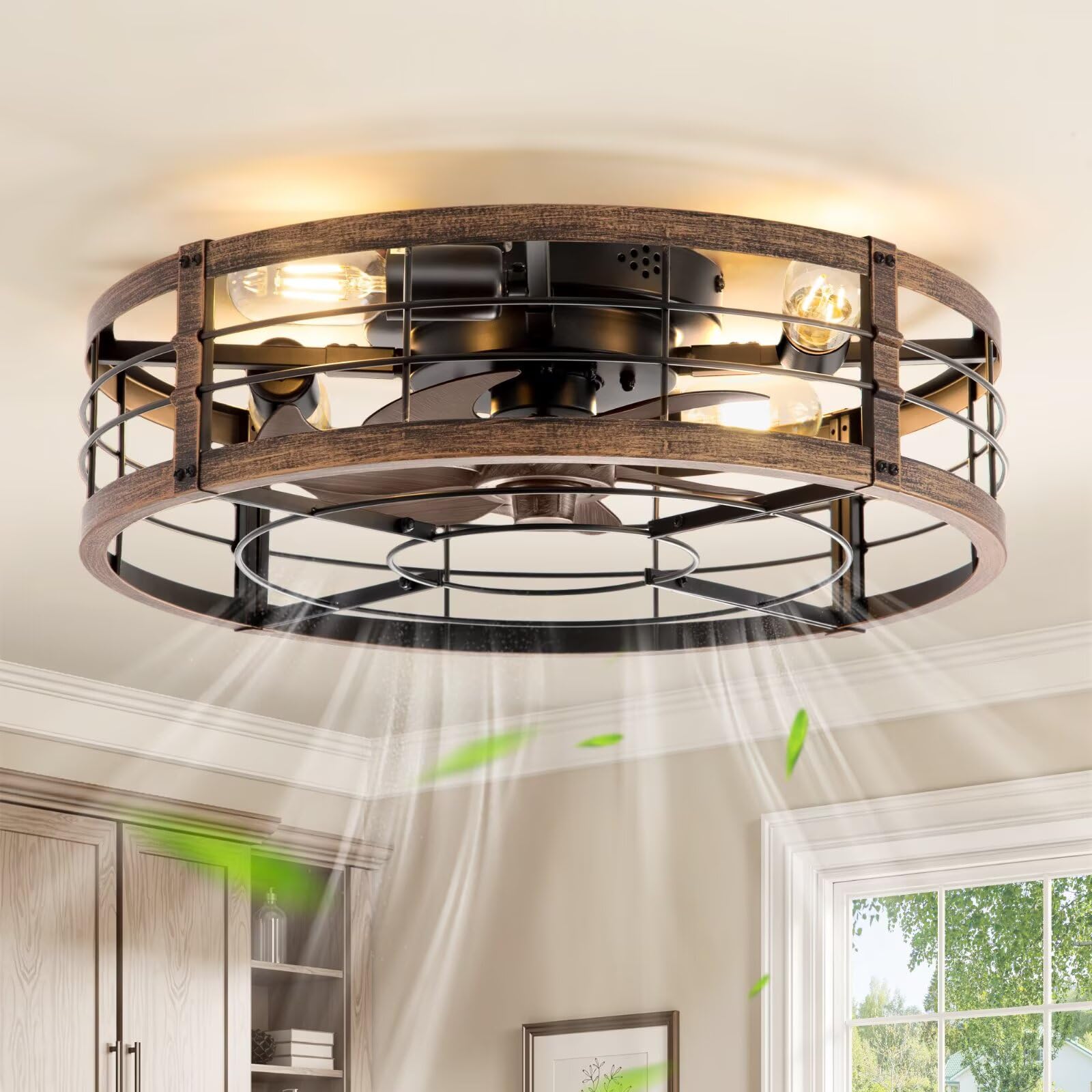 LEDIARY 20" Caged Low Profile Ceiling Fan with Light and Remote Black Gold | Flu
