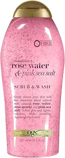 OGX Sensitive + Rose Water & Pink Sea Salt Scrub & Wash, 19.5 fl oz | Gentle Exfoliating Daily Body Wash, Rose Quartz, Softens Skin, Formulated without Sulfated Surfactants