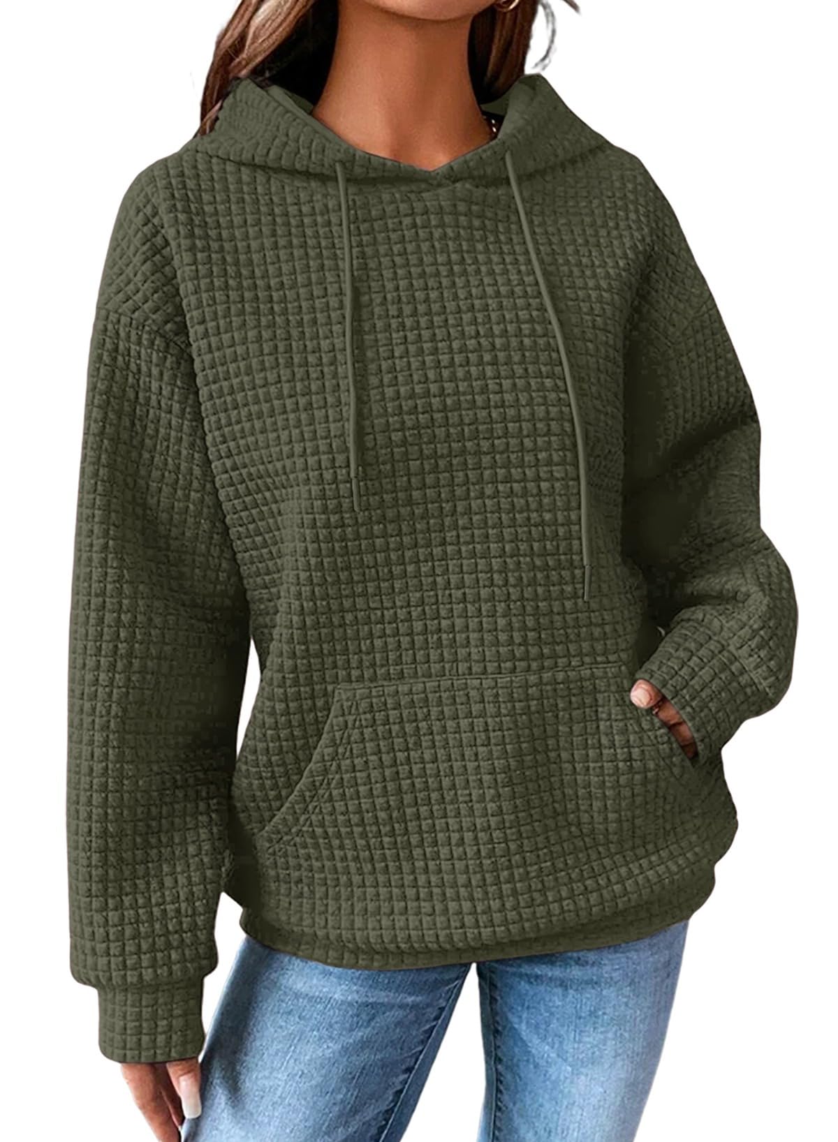 SHEWIN Women Fall Waffle Hoodies Pullover Tops Hooded Sweatshirt | Drawstring, L