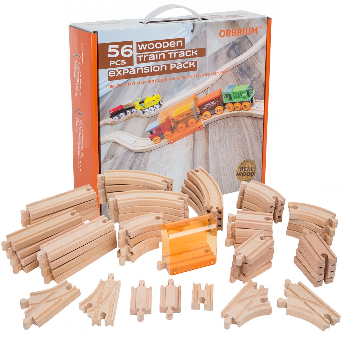 Orbrium Toys 56 Piece Wooden Train Track Expansion Pack with Tunnel Fits Thomas 