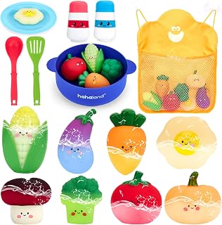 hahaland Color Changing Vegetable Soup Toddlers Bath Toys | Exercise Skill Toys 15 PCS Bath Cooking Kitchen Playset with Mesh Storage Bag Water Play Toys for Boys Girls 12M+ Gifts