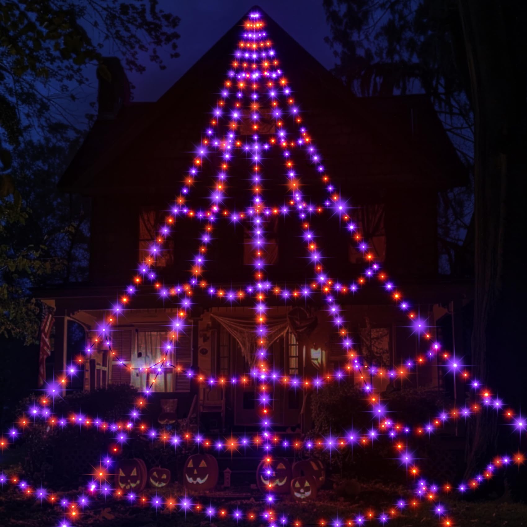 Spider Web Lights for Halloween Decorations Outdoor - 616 LEDs, 8 Lighting Modes