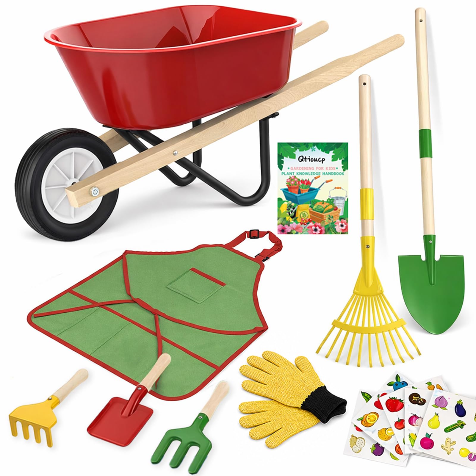 Qtioucp Kids Gardening Wheelbarrow Set, Metal & Wooden Garden Tools for Kids Age