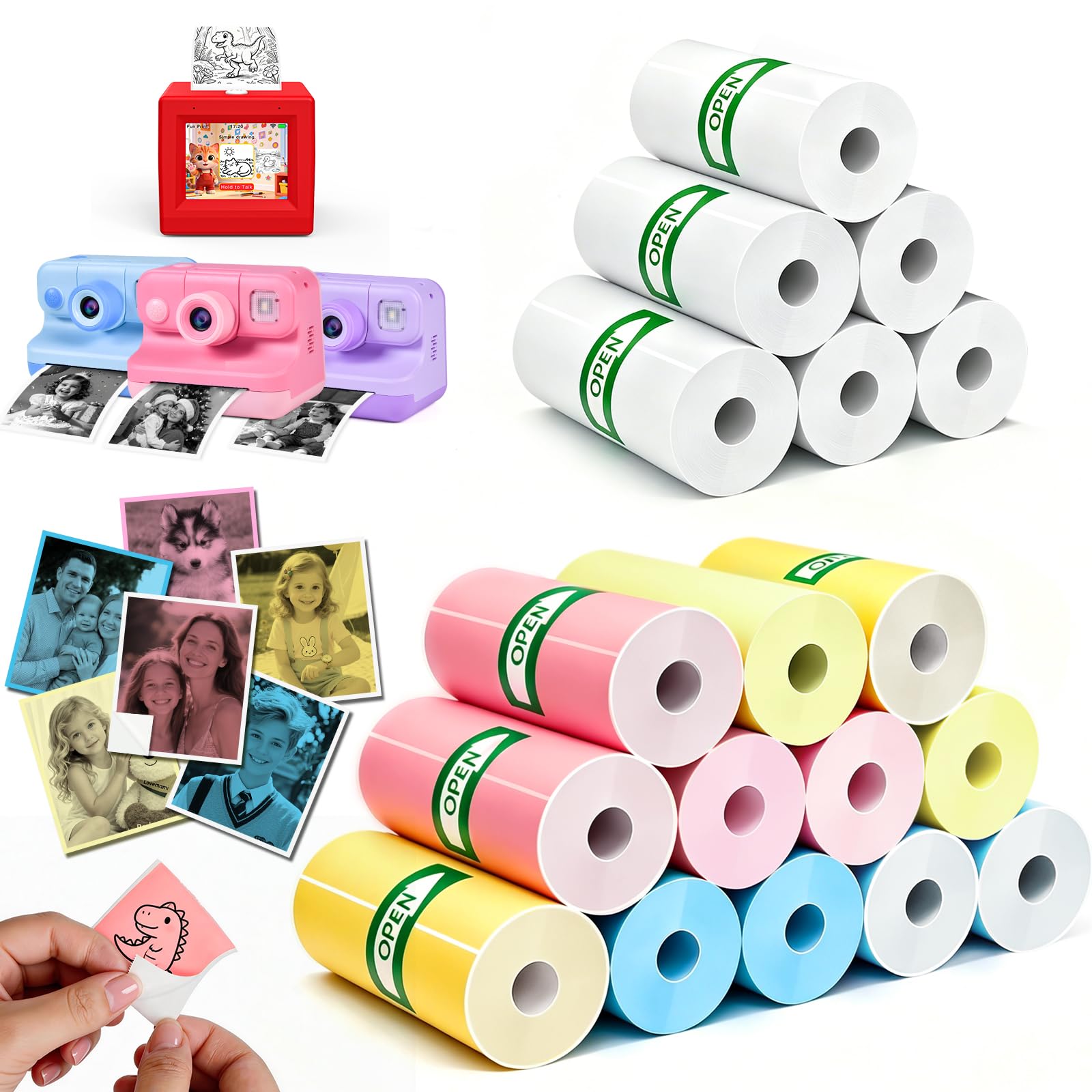 18 Rolls Mini Printer Paper Refill, Includes 12 Rolls Self-adhesive Sticker and 