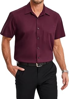 HISDERN Men's Short-Sleeved Summer Bamboo Fibre Shirt with Buttons and Pockets