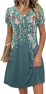 Zeagoo Women's Casual Dresses with Pockets Summer Floral V-Neck A-Line Tshirt Dress Short Sleeve Mini Dress Beach Sundress