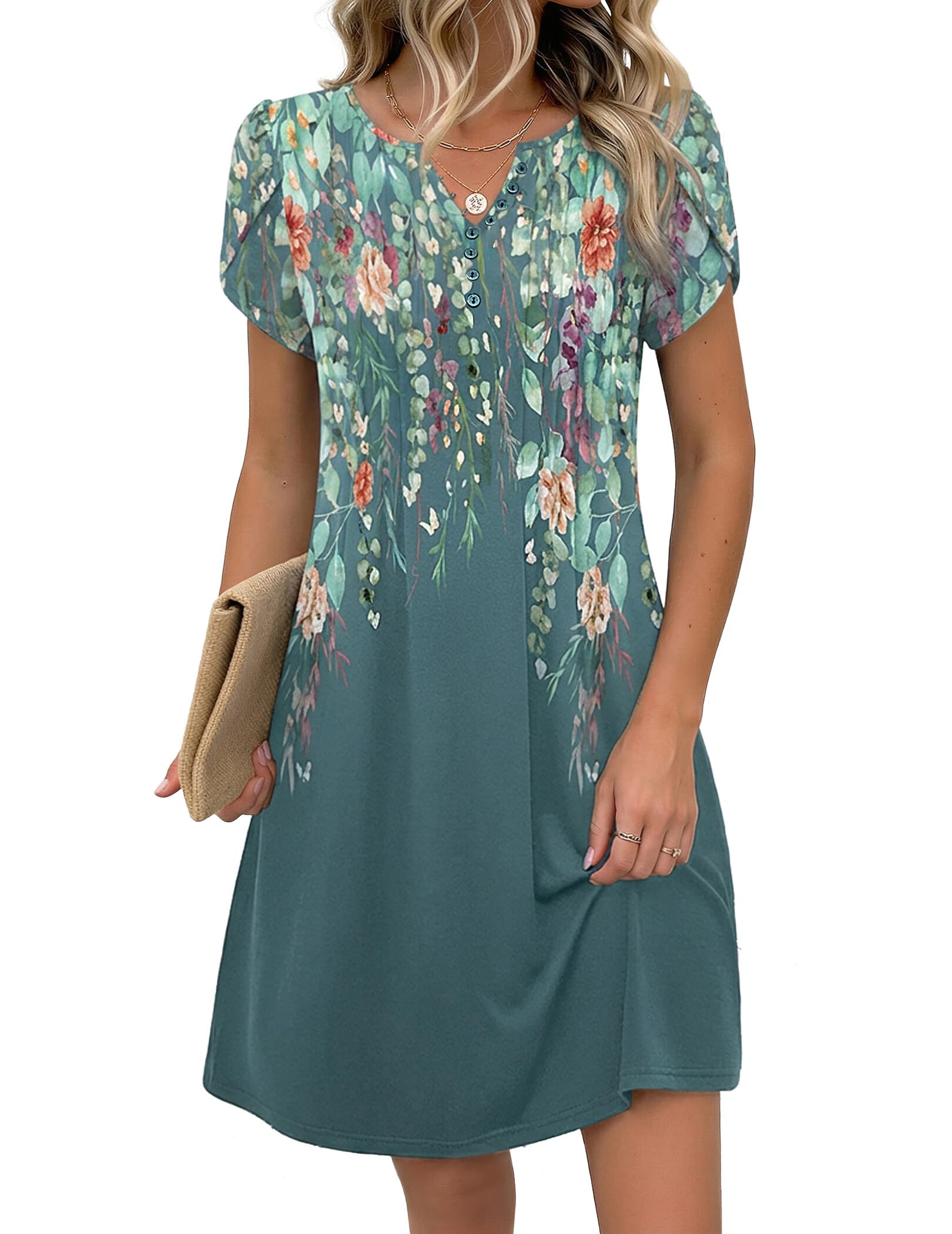 Zeagoo Women's Casual Dresses with Pockets Summer Floral V-Neck A-Line Tshirt Dr
