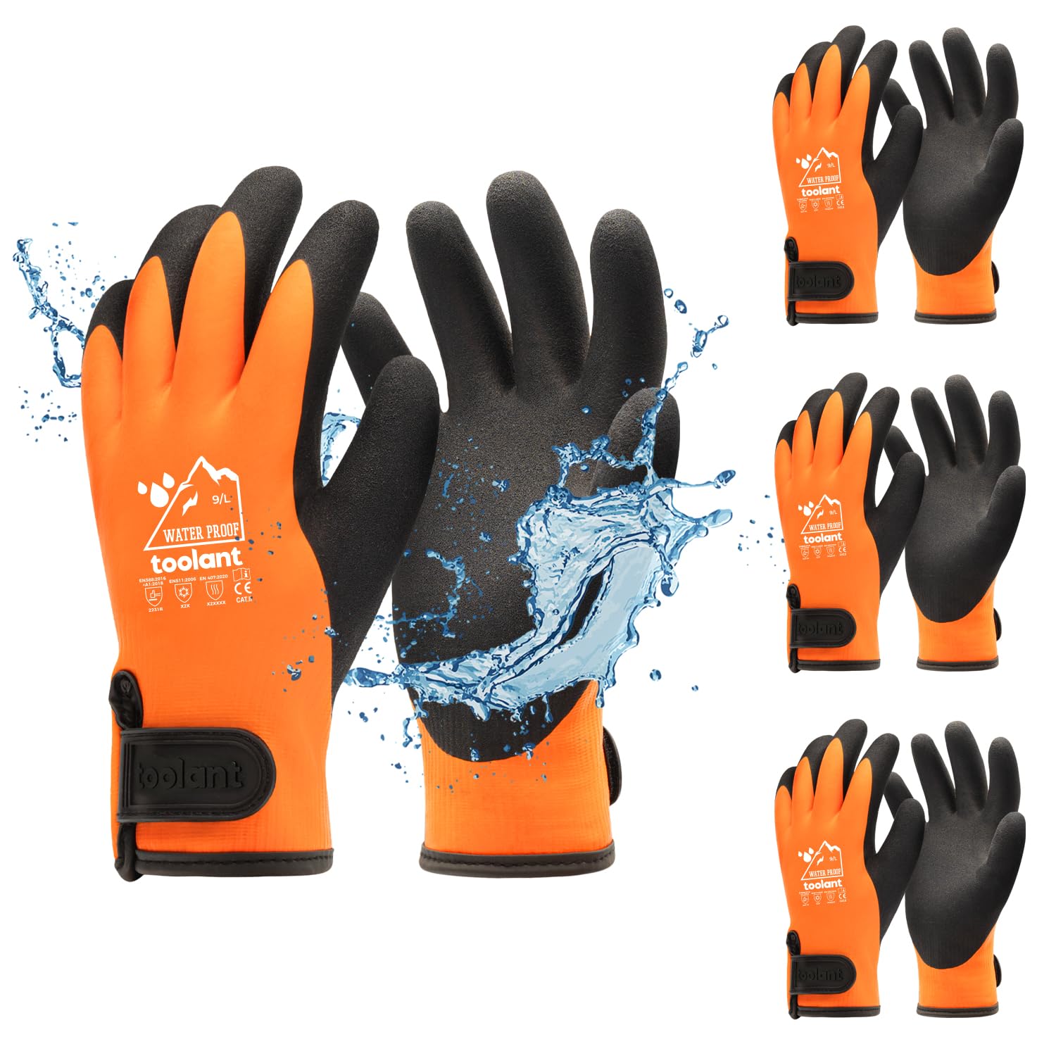 toolant 100% Waterproof Touch Screen Work Gloves, Orange, L, 3 Pairs