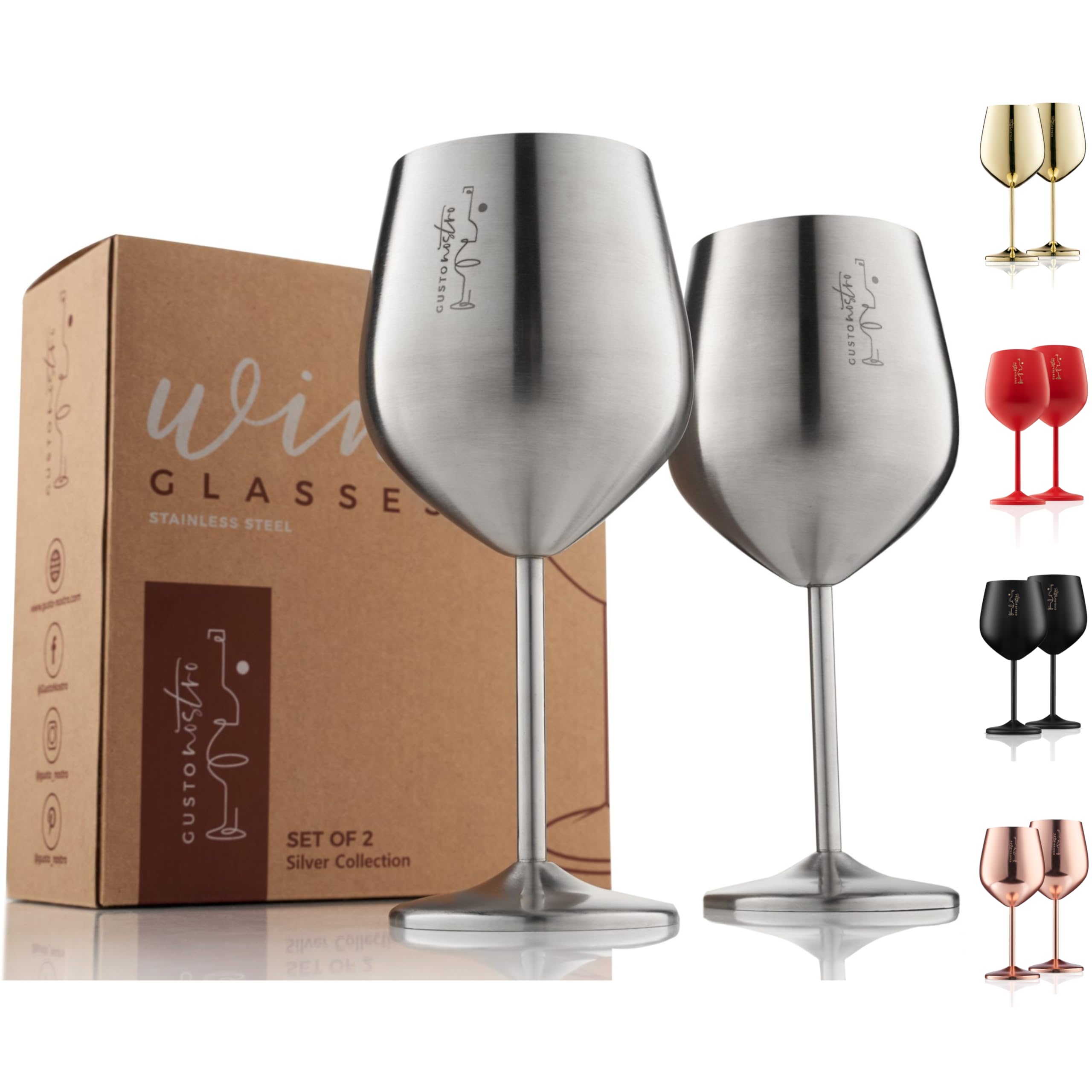 Gusto Nostro Stainless Steel Wine Glasses - 540ml - Silver Shatterproof Wine Gla