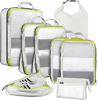 Compression Packing Cubes 8 Set Luggage Organizer, Ultralight Mesh Travel Organizers for Carry On Suitcase (White)
