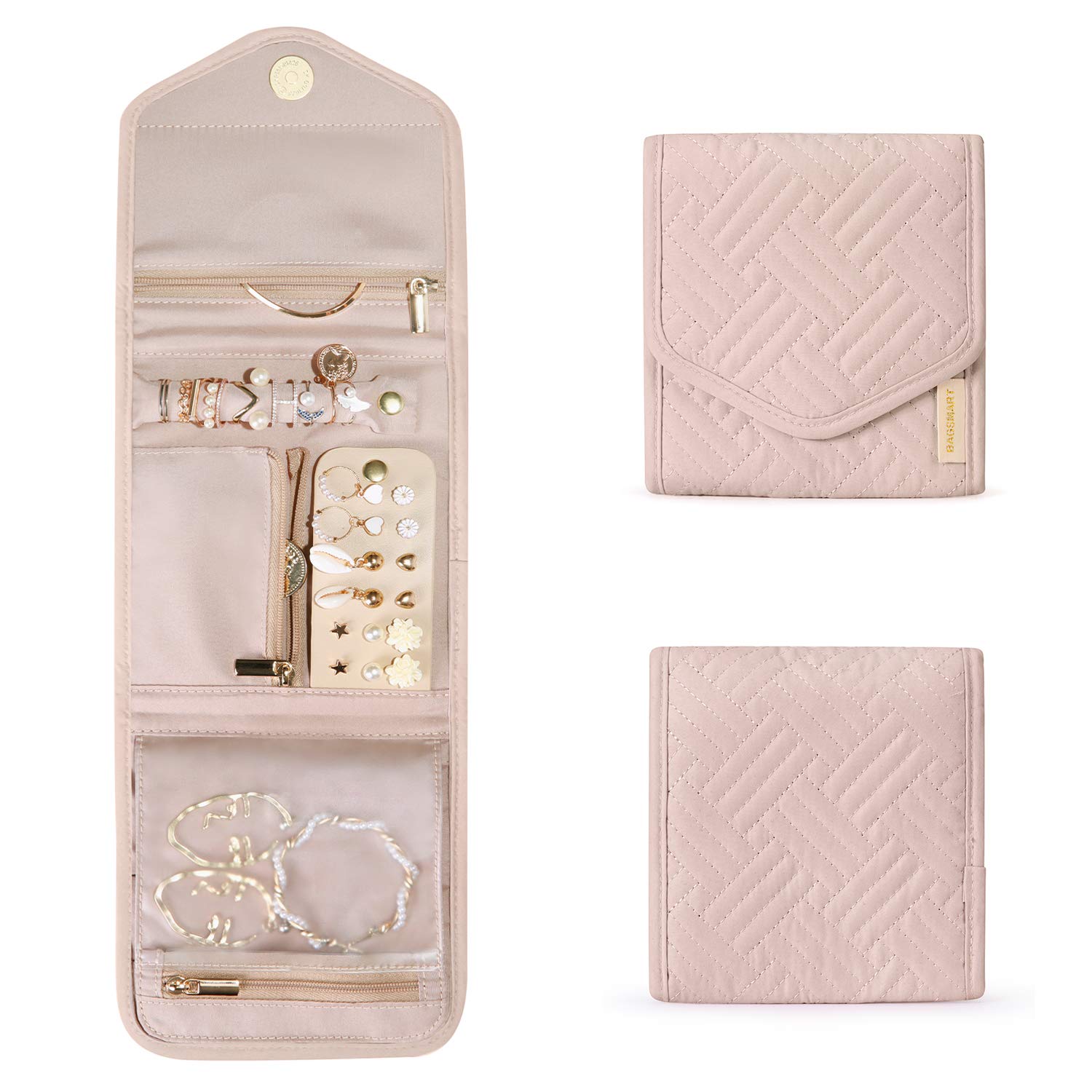 BAGSMART Travel Jewelry Organizer Case Foldable Jewelry Roll,Soft Pink | Small T