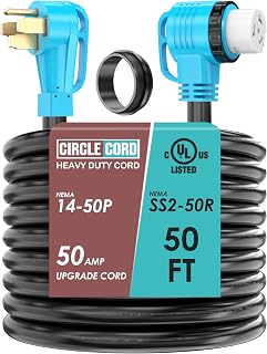 CircleCord UL Listed 50 Amp 50 Feet RV/Generator Cord with 90° Right Angle | Heavy Duty 6/3+8/1 Gauge STW Wire, 14-50P Male and SS2-50R Twist Locking Female for RV Camper and Generator to House