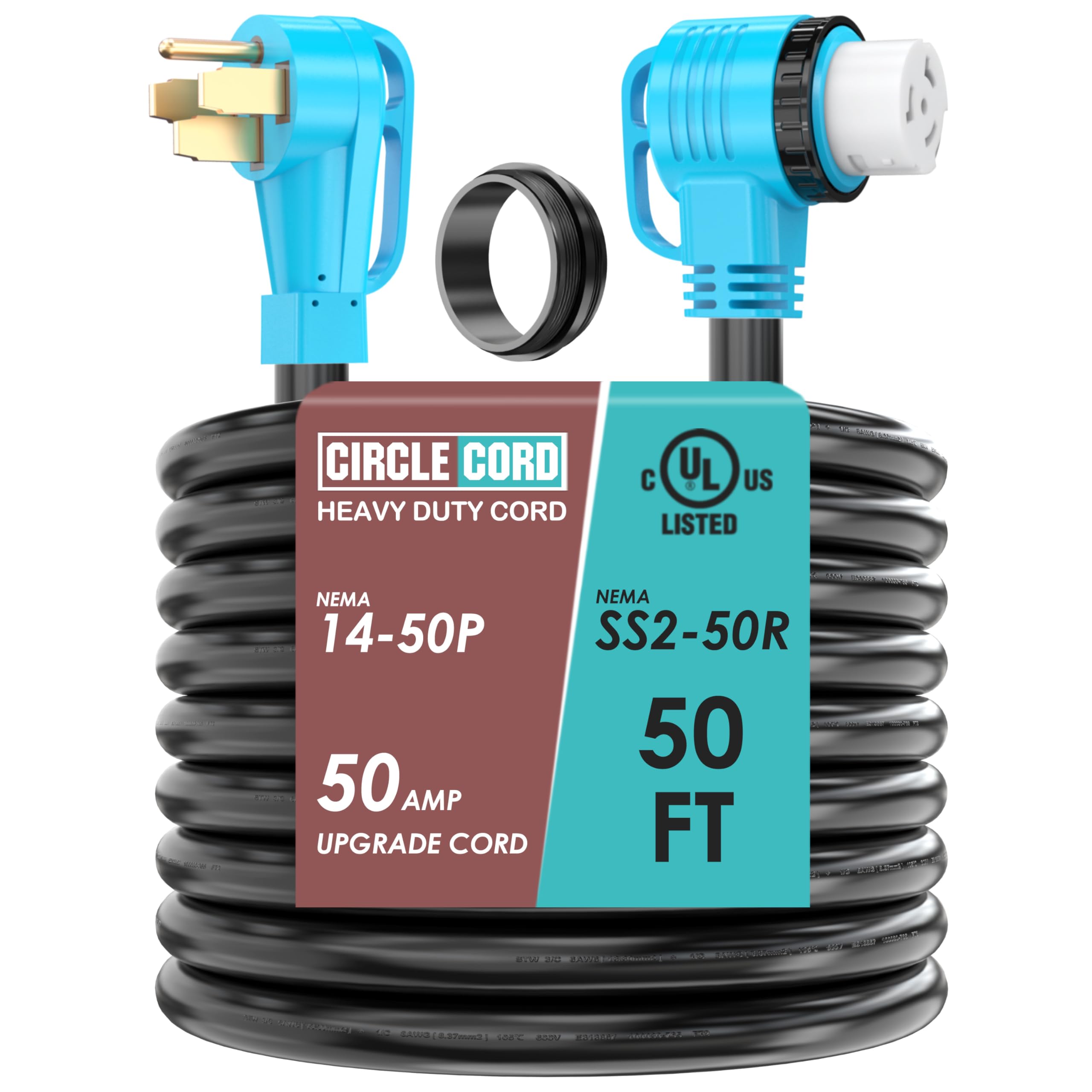 CircleCord UL Listed 50 Amp 50 Feet RV/Generator Cord with 90° Right Angle | Hea