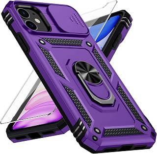for iPhone 11 Case with Camera Lens Cover, HD Screen Protector, 10 FT Military Grade Drop Protection, Magnetic Ring Holder Kickstand Protective Phone Case for iPhone 11, Deep Purple