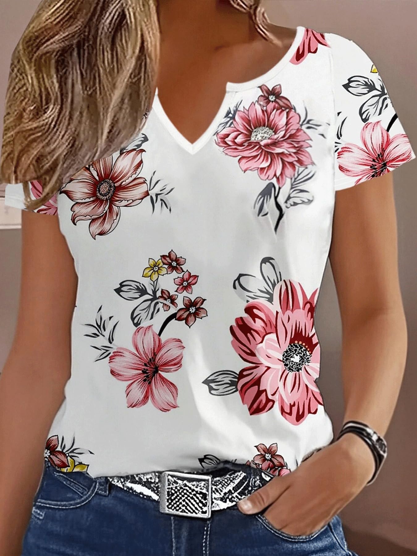 Women Tops Summer Casual Fashion V Neck Short Sleeve Loose Casual T Shirt