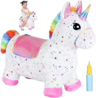 INPANY Unicorn Bouncy Horse Toys, Inflatable Unicorn with Rainbow Plush | Soft Washable Cover, Thick PVC, Stable 4-Leg Base, Cute Unicorn, Easy Inflation, Indoor & Outdoor Play, Gifts for 2-5 Kids