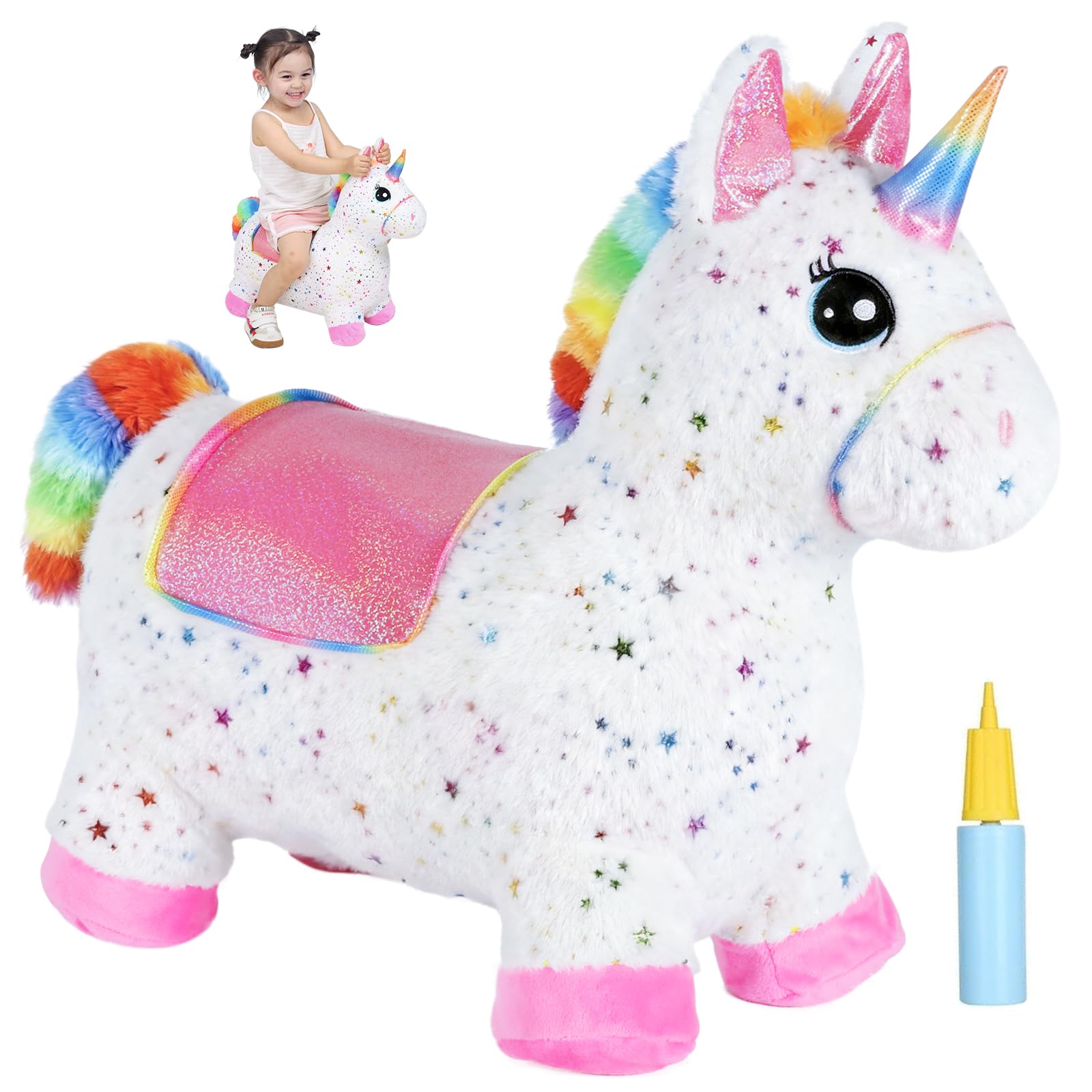 INPANY Unicorn Bouncy Horse Toys, Inflatable Unicorn with Rainbow Plush | Soft W