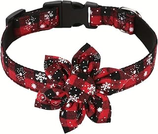 Christmas Dog Collar with Removable Flower, Classic Buffalo Plaid Snowflake Christmas Pet Collar, Adjustable Red and Green for Small Dogs, Red