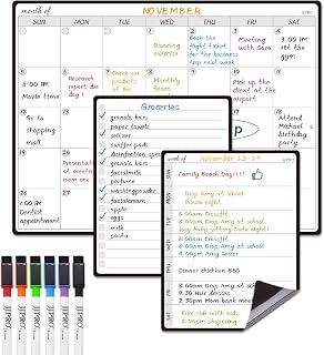 Magnetic Dry Erase Monthly Calendar Whiteboard Set for Fridge -One Monthly Planner and Two Bonus Dry Erase Grocery Board & Weekly Menu Board- Meal Planner Whiteboard/to-Do List -6 Markers Included!