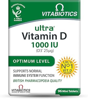 Vitabiotics Ultra Vitamin D3 1000IU, Vitamin D3 Tablets, 96 Tablets | Optimum-level vitamin D supplement providing 25µg (1000IU) vitamin D3 for normal immune system function.