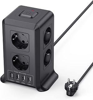 8 Outlets AC Tower Power Strips with 2 M Extension Multiple Plug 4 USB | Power Strip Sockets with 3 USB A and 1 USB C, Thief Sockets Vertical Power Strip with Switch for Table, Office and Home Black