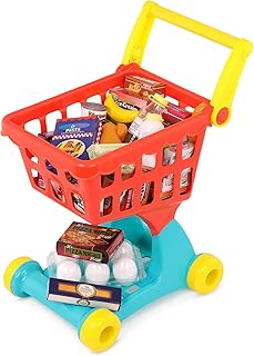 Battat Shopping Day Grocery Cart Pretend Playset with 29 Food Items | Includes 1 grocery cart and 29 play food items; stable, easy-to-push cart with folding handle and kitchen play use; 2+ Years