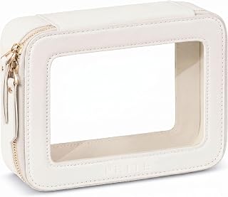 Prite Clear Makeup Bag Cosmetic Case Travel Toiletry Bag, Beige, Standard | Four Sizes, Water-resistant, Tsa Approved, See Through, Car Essentials, Vegan Leather, Transparent PVC, Gift Box Packaging
