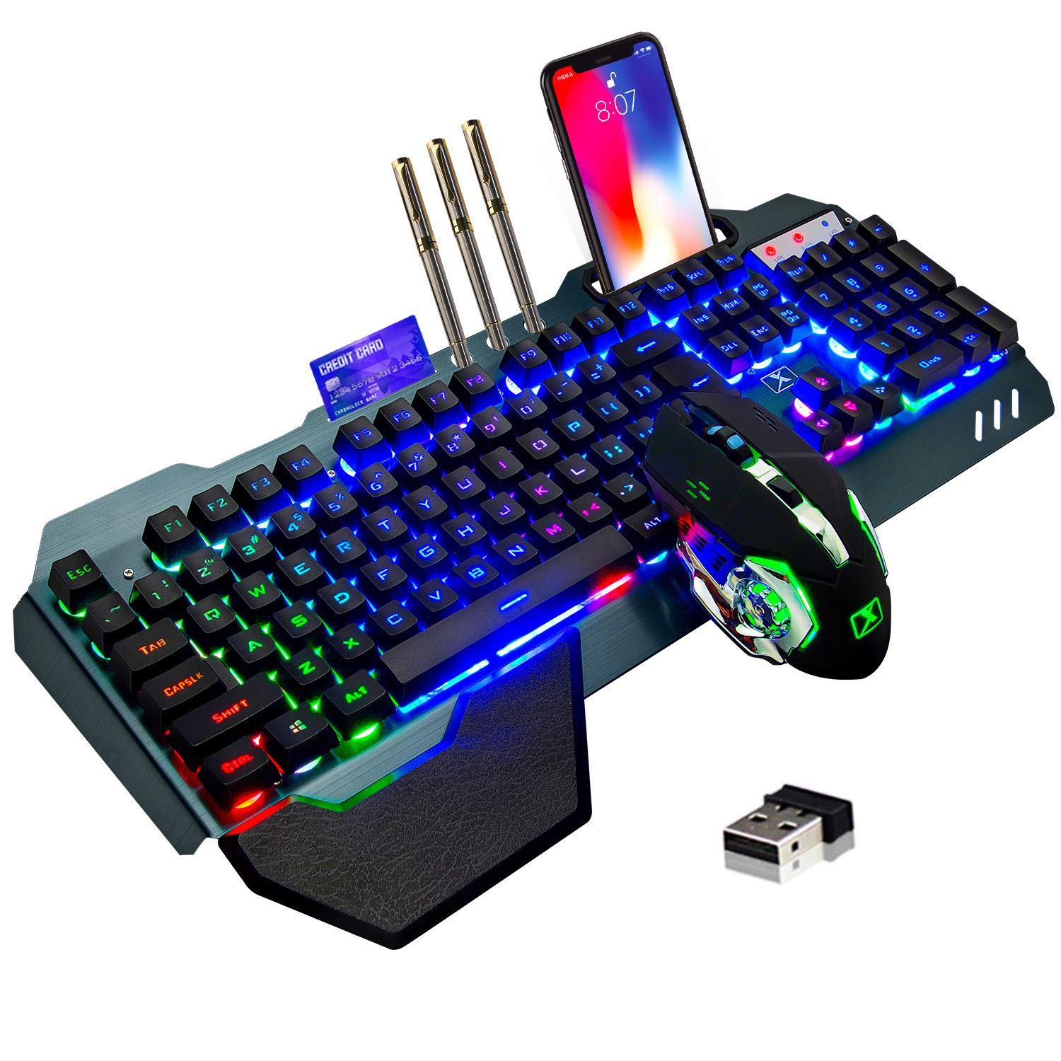 Wireless gaming Keyboard and Mouse,Rainbow Backlit Rechargeable Keyboard Mouse w