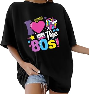 Xnova Women's Oversize T-Shirt Vintage Round Neck Short Sleeve Summer Tops 80s Flowers Sun Moon Printed Casual Loose Basic Tee Shirts Loose Fit Cotton Tops Blouse