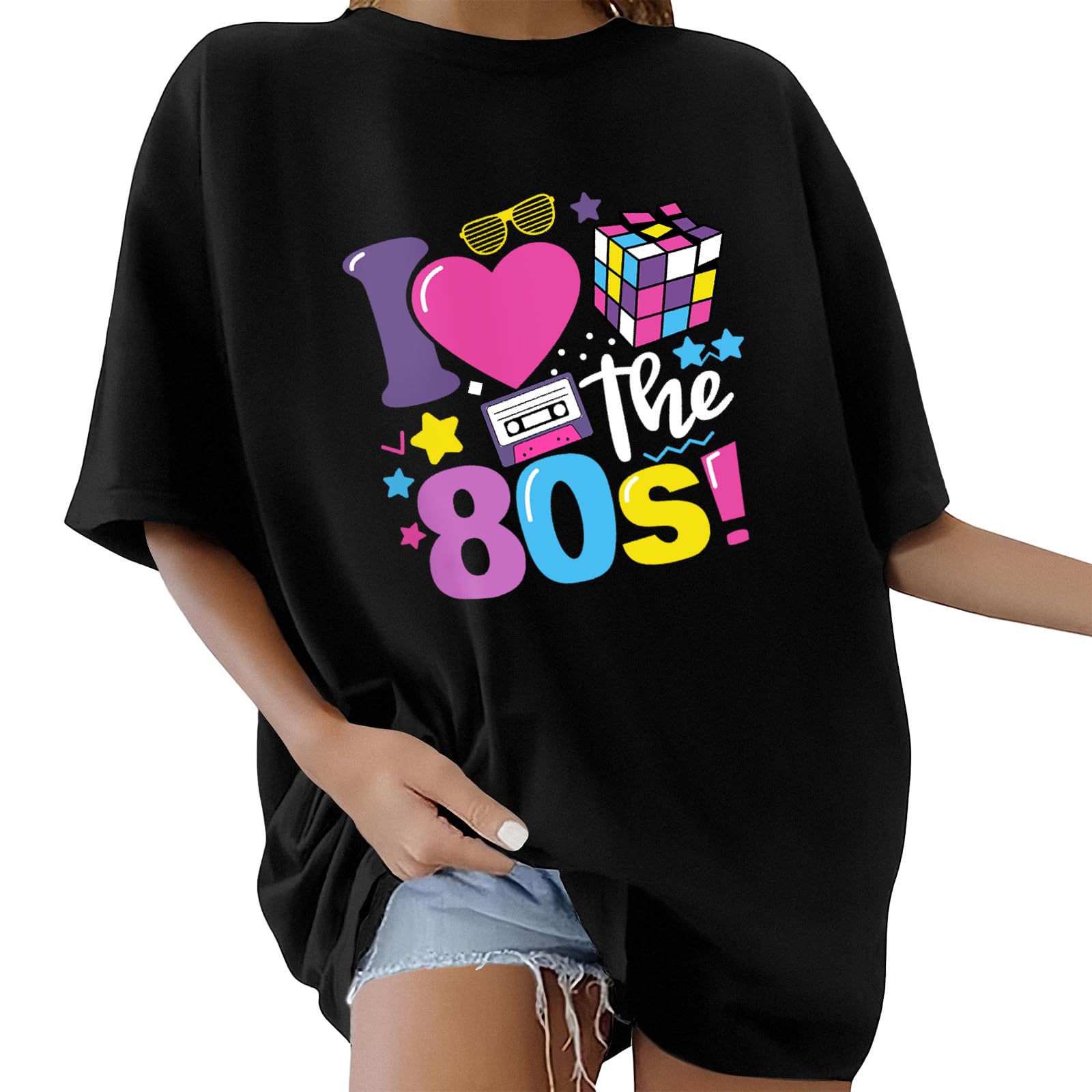 Xnova Women's Oversize T-Shirt Vintage Round Neck Short Sleeve Summer Tops 80s F