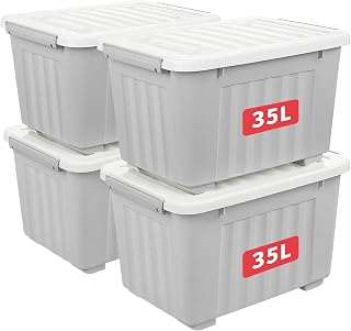 Cetomo 35L*4 Storage Boxes with Lids, Plastic Containers with Wheels, Clip On, Stackable, Uncastable, Striped Organizer for Home Office, Grey, 35L-4 Pieces