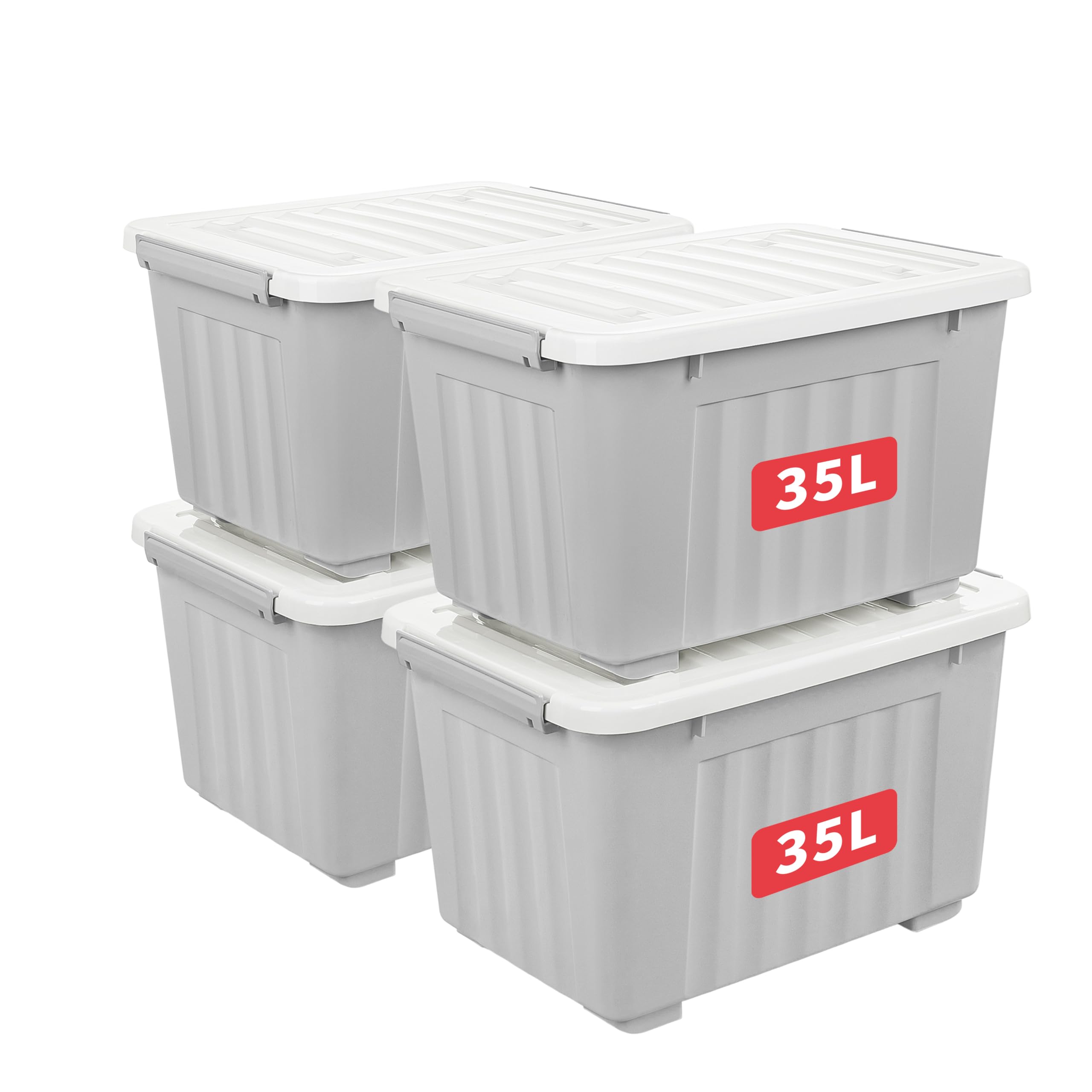 Cetomo 35L*4 Storage Boxes with Lids, Plastic Containers with Wheels, Clip On, S
