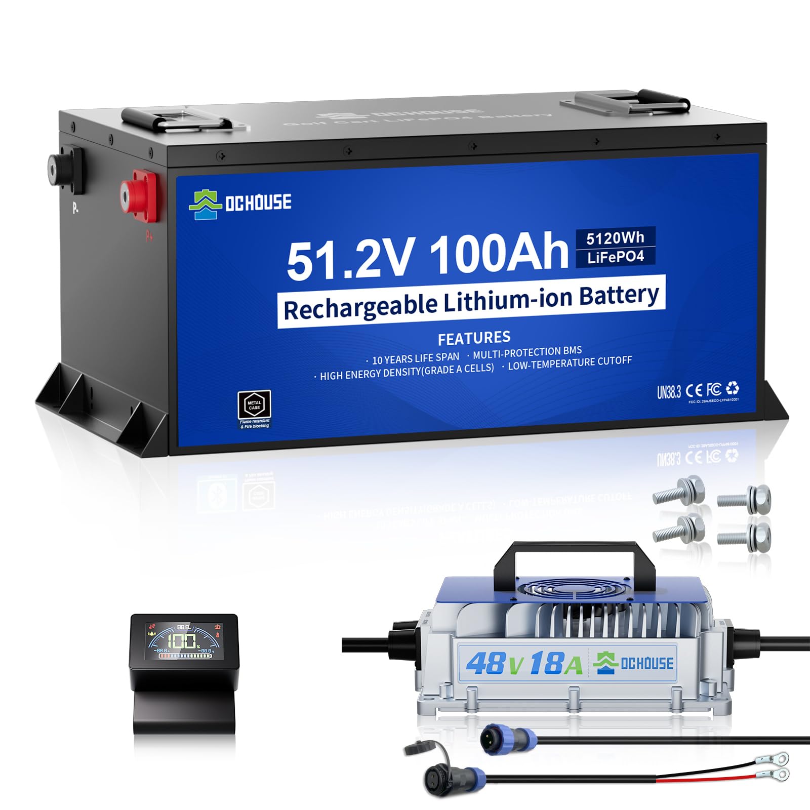 DC HOUSE Metal Case 48V 100Ah Pro Golf Cart LiFePO4 Battery w/18A Charger | 200A