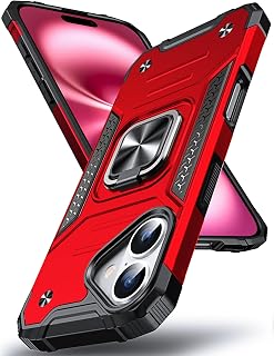 DASFOND for iPhone 16 Case with Stand, Military Grade Full Body Protective Phone Case with 360° Rotatable Metal Ring Kickstand [Support Magnet Mount] Compatible with iPhone 16, Red